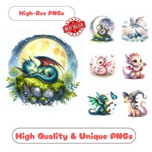 38 Baby Dragon Watercolor Clipart PNG Images, Cute Dragon Clipart Bundle Commercial Use Graphics For Nursery Dragon Wall Art PNG Designs