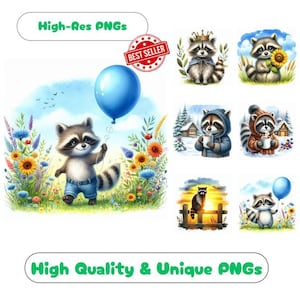 41 images clipart aquarelle de raton laveur ludique, ensemble de cliparts raton laveur fantaisiste, graphiques à usage commercial pour art mural raton laveur original PNGs