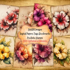 Hibiscus Junk Journal Kit With Digital Papers Pockets Tags Labels Stamps Bookmarks Printable Ephemera Great For Paper Crafts