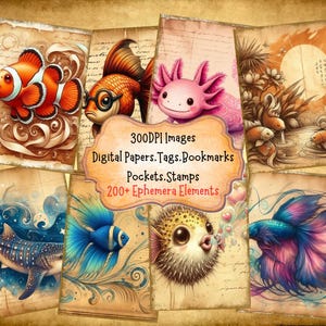 Cute Fish Junk Journal Kit With Digital Papers Printable Ephemera Pockets Labels Digital Ephemera Bookmarks And Tags for Paper Crafts