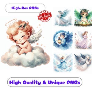 75 Angel Watercolor Clipart PNG Pack, Soft Angel Clipart Print Ready Designs For Dreamy Angels Wall Art Paper Crafts Digital Journal