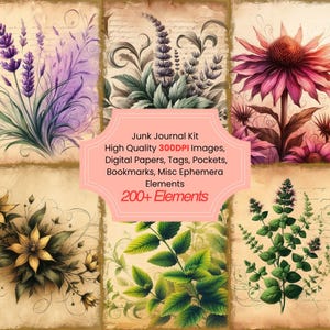 Botanical Herbs Junk Journal Kit With Digital Papers, Digital Kit Printable Journal Pockets Tags And Journal Kit for Paper Crafts