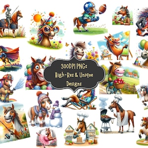 63 Funny Horse Watercolor Clipart PNG Bundle with Printable PNG Images for Stickers Sublimation Projects Wall Prints Scrapbooking Card
