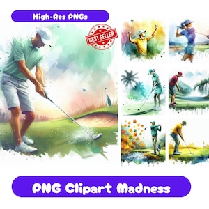 Ensemble de 23 cliparts de joueur de golf, lot de cliparts, graphiques aquarelles de golf imprimables pour art mural de golf ensemble de cliparts PNG