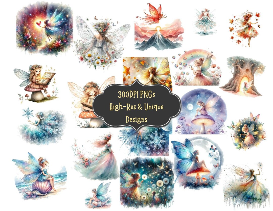 Fairy Watercolor Clipart PNG Bundle: Whimsical Pixie Illustrations ...