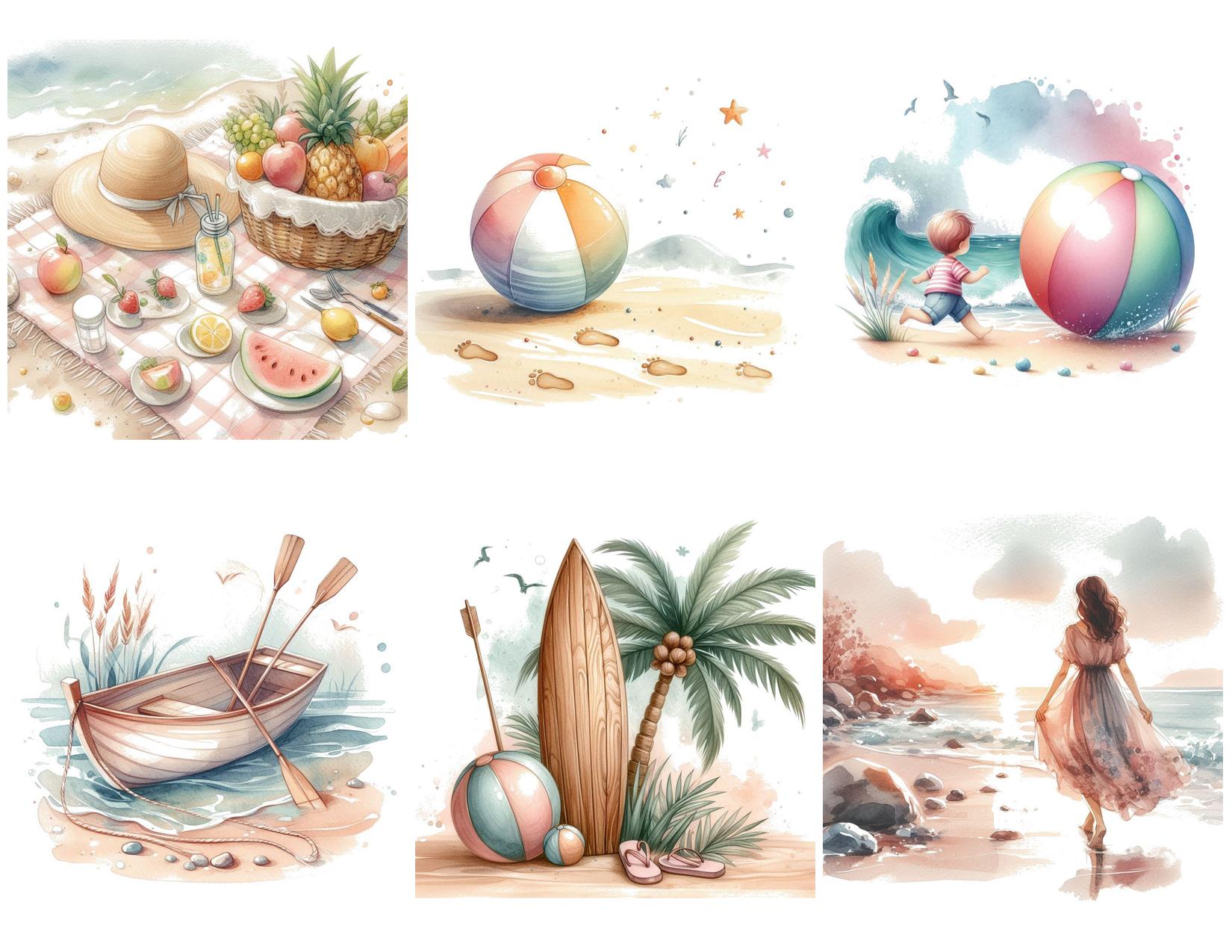 51 Summer Beach Watercolor Clipart PNG Bundle: Printable PNG Images for ...