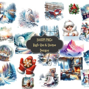 63 Winter Scene Watercolor Clipart PNG Bundle with Watercolor PNG Clipart Files for Cards Wall Art Sublimation Projects Scrapbooking