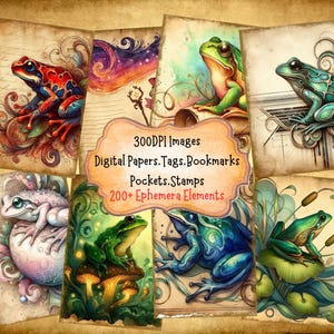 Kit de diario basura &quot;Fabulous Frogs&quot; con papeles digitales. Kit digital. Diario imprimible. Arte digital. Bolsillos. Etiquetas. Marcapáginas. Manualidades de papel.