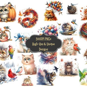 51 Frazzled Cat With Bird Watercolor Clipart PNG Bundle with Printable PNG Images for Stickers Sublimation Projects Wall Prints Scrapbooking