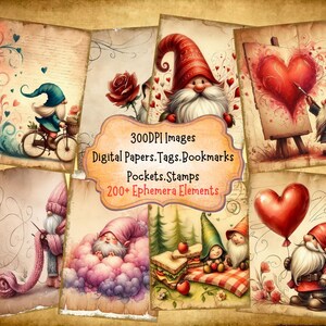 Cute Valentines Day Gnomes Junk Journal Kit With Digital Papers Scrapbooking Papers Clipart Pockets Bookmarks And Tags for Paper Crafts
