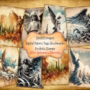 Cemetery Angel Sculptures Junk Journal Kit With Digital Papers, Scrapbook Image Kit Digital Ephemera Tags for Paper Crafts