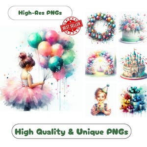 Paquete de 39 imágenes prediseñadas de acuarela de cumpleaños, diseños elegantes listos para imprimir para cumpleaños encantadores, arte mural, scrapbooking y manualidades.