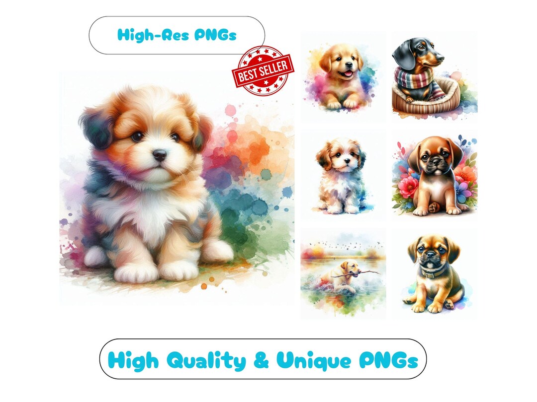 Watercolor Dog Clipart Set: 33 PNG Graphics for Nursery Art (digital ...
