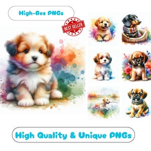 33 Dogs Watercolor Clipart PNG Set, Artistic Dog Clipart Bundle Printable Graphics For Whimsical Dog Wall Art PNG Sublimation Set