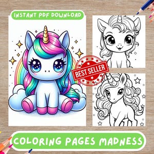 50 süße Einhorn Malseiten für Kinder und Erwachsene, süße Fantasie Seiten zum Ausdrucken, Kawaii Einhorn Malbuch, sofortiger digitaler Download PDF