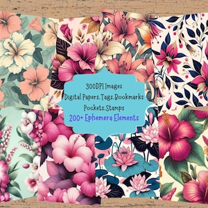 Hawaiian Floral Print Seamless Pattern Journal Kit With Digital Papers Seamless Backgrounds Digital Ephemera And Tags