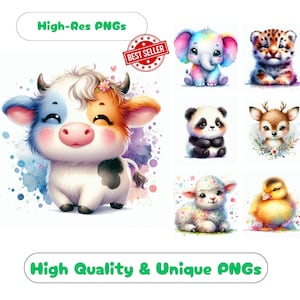 101 süße Tiere Clipart PNG Bundle, druckbare Tiere Grafiken für Sublimation Süßes Baby Tier Illustration Set