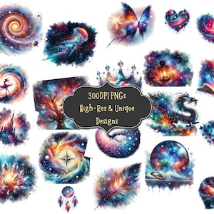 63 Galaxy Watercolor Clipart PNG Bundle: PNG Digital Print Files for Scrapbooking Wall Art Invitations Stickers Diy Projects