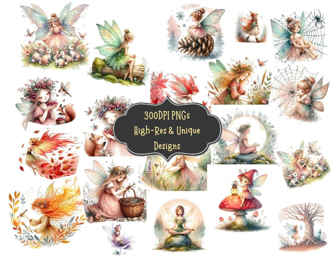 Watercolor Forest Fairy Clipart PNG Bundle: Woodland Pixie Art (digital ...