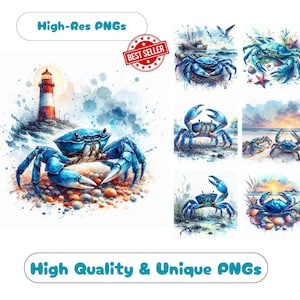 35 Blue Crab Watercolor Clipart PNG Pack, Artistic Blue Crab Clipart Digital Prints For Watercolor Blue Crabs Wall Art Scrapbooking Craft