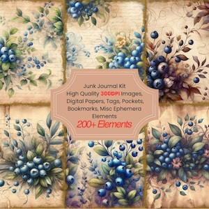Blueberries Junk Journal Kit With Digital Papers, Printable Images Scrapbook Papers Journal Kit And Vintage Cards for Paper Crafts