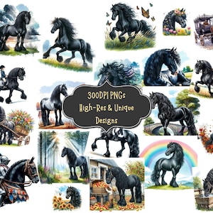 65 Friesian Horse Watercolor Clipart PNG Bundle with Digital PNG Art Download for Scrapbooking Invitations Diy Crafts Stickers Wall Prints