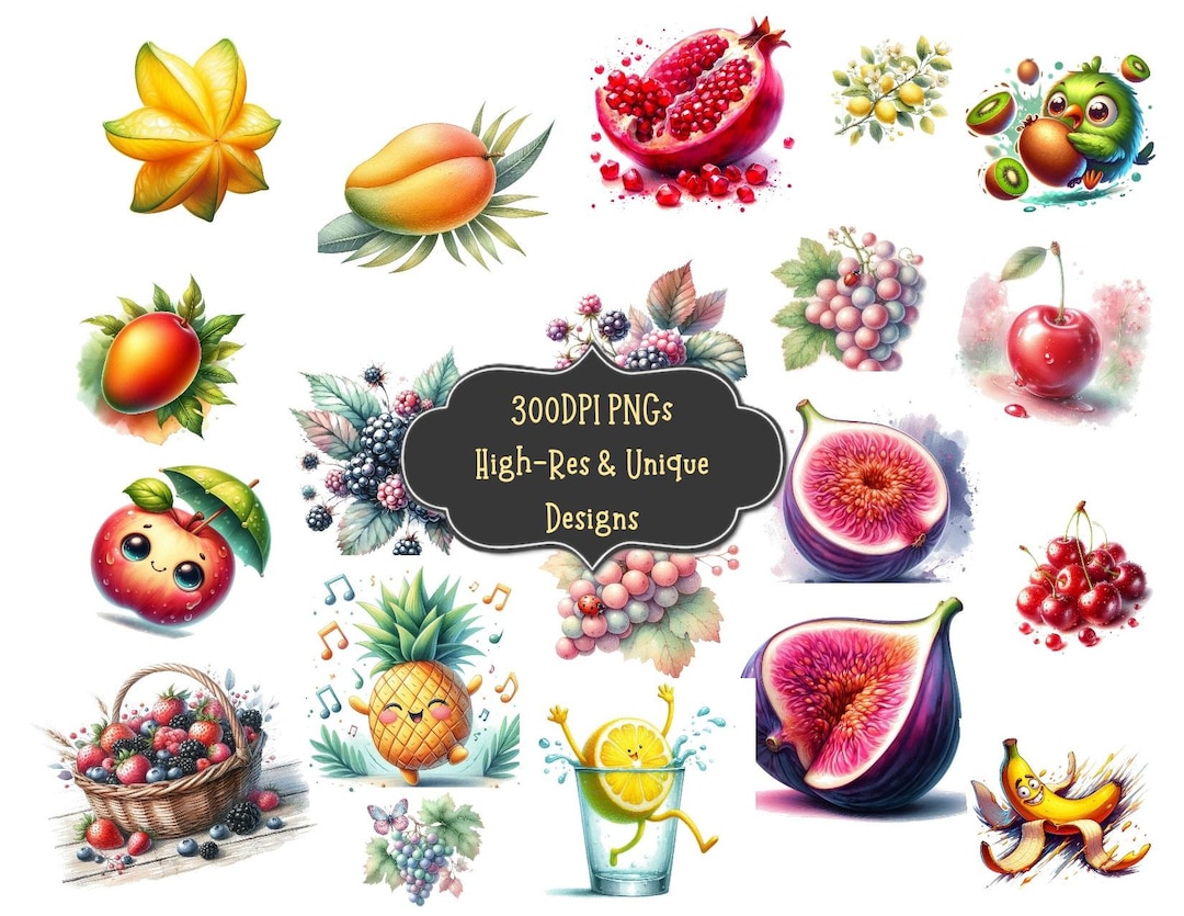 Watercolor Fruit Clipart Bundle: Playful PNG Illustrations (digital ...