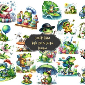 65 Funny Frog Watercolor Clipart PNG Bundle with PNG Art Instant Download for Diy Paper Crafts Invitations Scrapbooking Wall Art Stickers