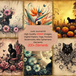 Black Cat Floral Junk Journal Kit With Digital Papers Printable Pages Collage Sheets Digital Ephemera And Tags for Paper Crafts