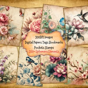 Chinoiserie Floral Junk Journal Kit With Digital Papers, Printable Journal Scrapbooking Papers Tags Pockets And Vintage Ephemera for Crafts