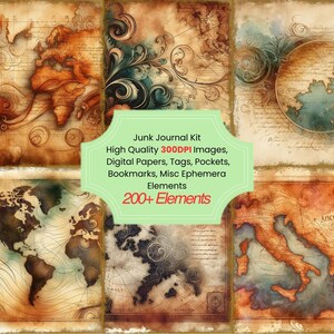 Antique Map Junk Journal Kit With Digital Papers, Printable Pages Collage Sheets Tags Pockets And Vintage Ephemera for Paper Crafts
