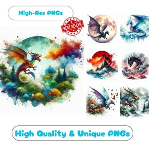 65 Majestic Dragon Clipart PNG Set, Regal Dragon Clipart Bundle Printable Graphics For Mystical Dragon Wall Art PNG Sublimation Set