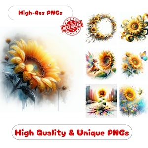 133 Cute Sunflower Clipart PNG Set, Whimsical Sunflower Clipart Bundle Printable Graphics For Playful Sunflower Wall Art PNG Sublimation Set
