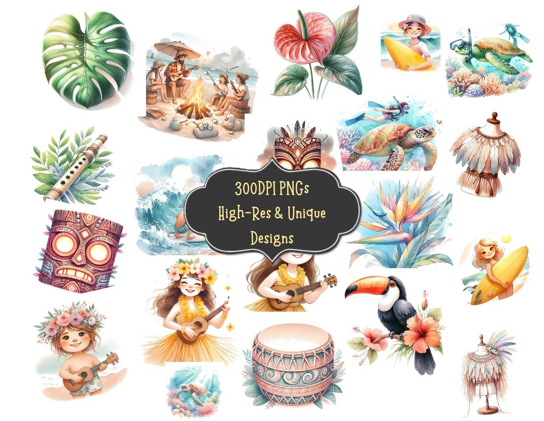 Hawaii Watercolor Clipart Bundle: Tropical PNG Graphics (digital ...