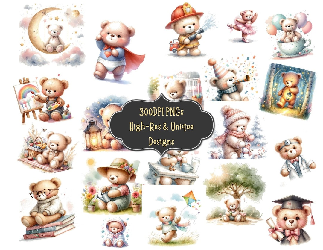 Watercolor Baby Teddy Bear Clipart: PNG Bundle for Nursery Art (digital ...