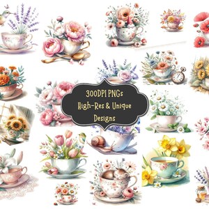 64 Floral Teacup Watercolor Clipart PNG Bundle with PNG Digital Graphics Download for Sublimation Crafts Scrapbooking Wall Prints