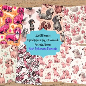 Pink Weenie Dogs Seamless Pattern Journal Kit With Digital Papers Pockets Tags Labels Stamps Bookmarks Printable Ephemera For Paper Crafts