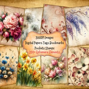 Watercolor Spring Florals Junk Journal Kit With Digital Papers Pockets Tags Labels Stamps Bookmarks Printable Ephemera For Paper Crafts
