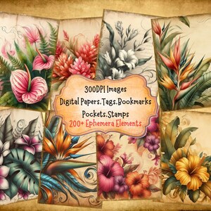Hawaiian Floral Print Junk Journal Kit With Digital Papers Pockets Tags Labels Stamps Bookmarks Printable Ephemera Great For Paper Crafts