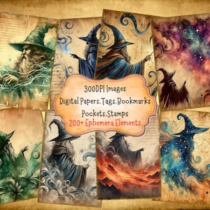 Wizard Junk Journal Kit With Digital Papers Pockets Tags Labels Stamps Bookmarks Printable Ephemera Great For Paper Crafts