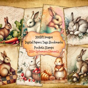 Cottagecore Rabbits Junk Journal Kit With Digital Papers Printable Pages Digital Ephemera Pockets Labels  Bookmarks And Tags for Crafts