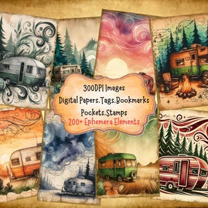 Camping Camper Junk Journal Kit With Digital Papers, Printable Ephemera Collage Sheets Journal Kit And Vintage Cards For Paper Crafts