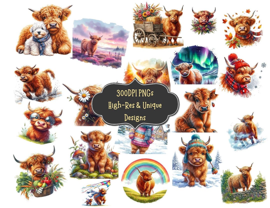 65 Cute Highland Cow Watercolor Clipart PNG Bundle: Printable PNG ...