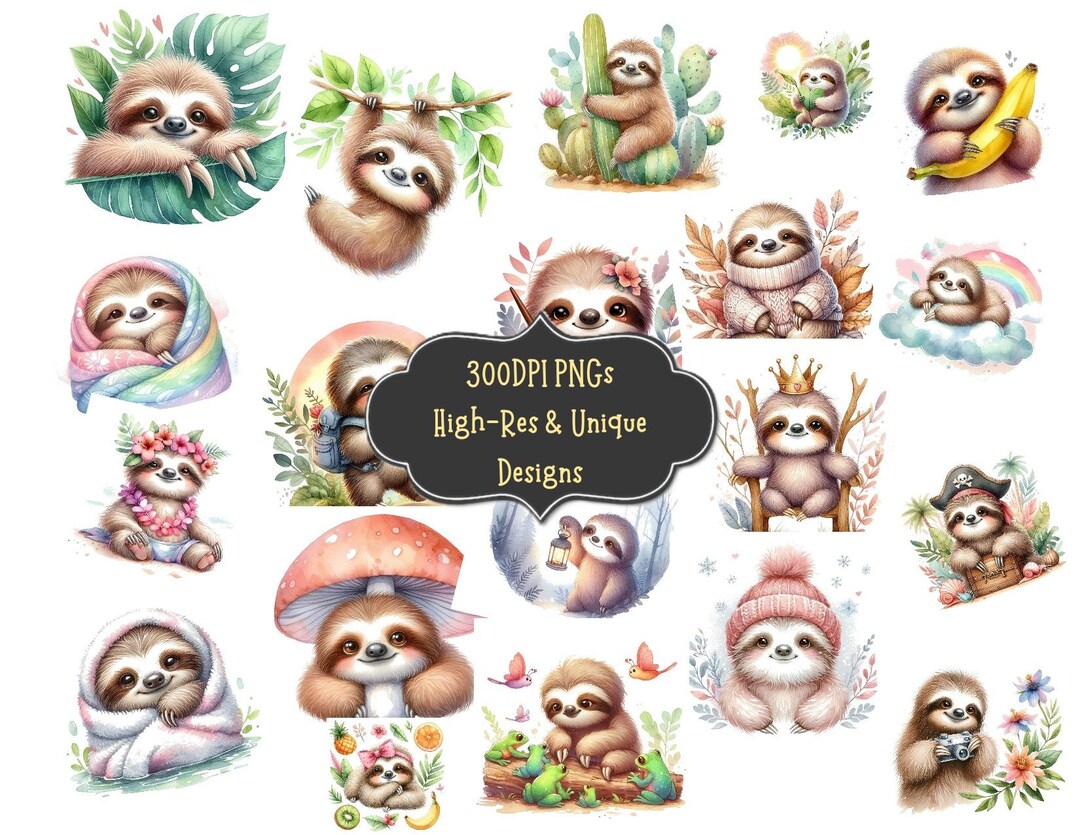Watercolor Sloth Clipart Bundle: Baby Animal PNG, Scrapbooking (digital ...