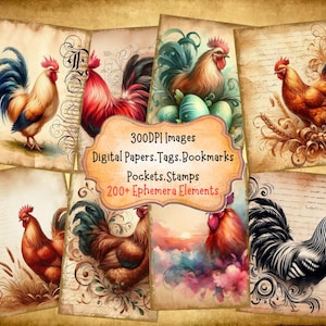Chicken Junk Journal Kit With Digital Papers, Printable Ephemera Collage Sheets Journal Papers And Digital Art for Paper Crafts