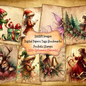 Christmas Girls Junk Journal Kit With Digital Papers Printable Ephemera Collage Sheets Digital Ephemera Bookmarks And Tags for Paper Crafts