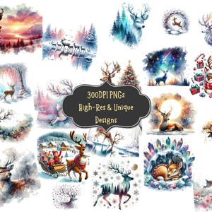 63 Winter Deer Watercolor Clipart PNG Bundle with Printable PNG Images for Stickers Sublimation Projects Wall Prints Scrapbooking Card