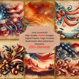 4th of July Junk Journal Kit With Digital Papers, Printable Pages Collage Sheets Pockets Tags And Journal Kit for Paper Crafts