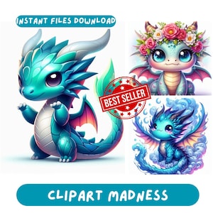 35 Kawaii Dragon Watercolor Clipart PNG Set, Whimsical Dragon Clipart Printable Graphics For Watercolor Dragons Wall Art Paper Craft