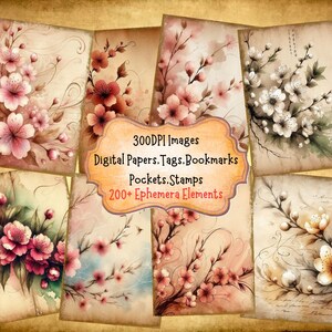 Cherry Blossom Junk Journal Kit With Digital Papers, Scrapbook Images Digital Kit Journal Papers And Digital Art for Paper Crafts
